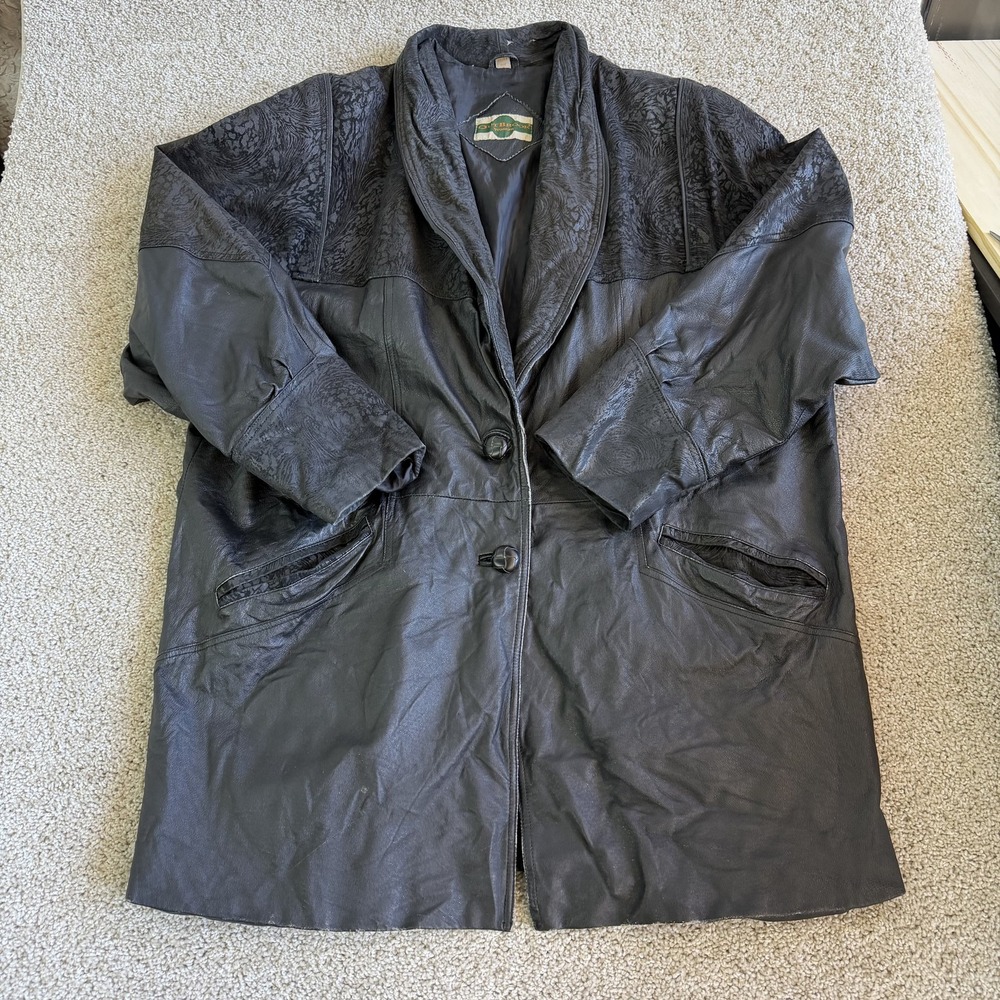 Out Brook Coat Womens 2X Black Leather Long Single Breasted Lined Pockets